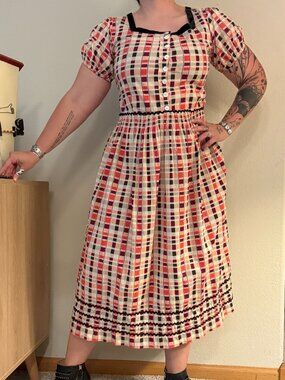 Vintage Handmade Bright Check Plaid Girly Midi Dress
